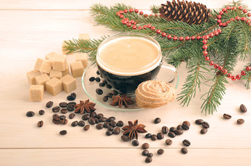 coffee Cup with cookies on a Christmas background