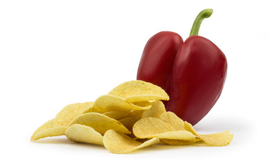 Potato chips with paprika/peppers isolated with clipping path