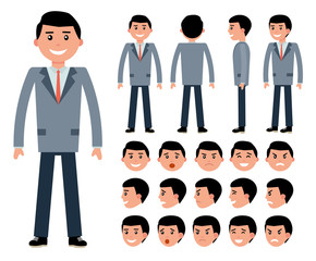 Male businessman character constructor for different poses. Set of various men's faces and emotions. Cartoon vector flat-style illustration
