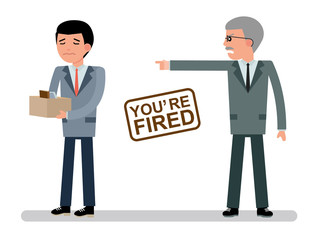 The chief dismisses the employee.  Boss getting fired by employee. Cartoon vector flat-style illustration