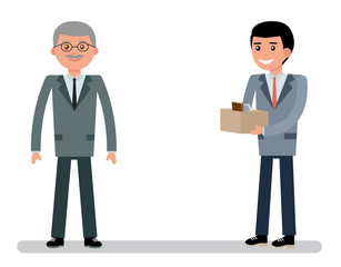 The boss took a young employee at work. Cartoon vector flat-style illustration