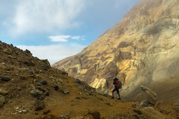 Fototapeta na wymiar Climbing to active volcano Mutnovsky on Kamchatka.