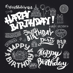 Set of Happy Birthday Hand Drawn Calligraphy Pen Brush