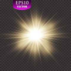 Transparent glow light effect. Star burst with sparkles. Gold glitter