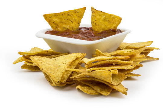 Tortilla Chips With Hot Dip Isolated On White Background. Clipping Path Included In JPEG.