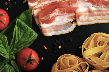 ingredients for cooking macaroni, Basil leaves and tomato, Parme