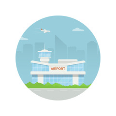 Concept design circle composition with airport terminal with control tower and landing plane. 