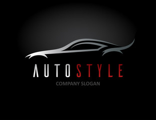 Fototapeta na wymiar Auto style car logo design with concept sports vehicle icon silhouette on black background. Vector illustration.