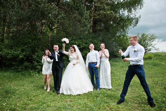 Wedding couple with their friends drinking champagne.