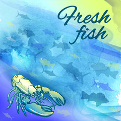 Seafood watercolor poster. Template for menu or brochure. Vector illustration