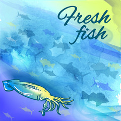 Seafood watercolor poster. Template for menu or brochure. Vector illustration
