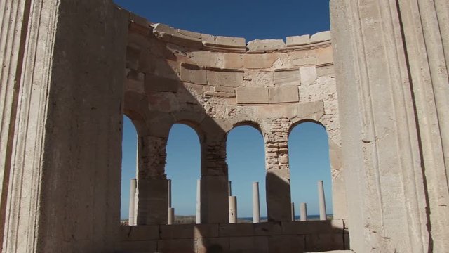 Pan across the market of Leptis Magna, the extensive Roman ruins near Al Homs, Libya