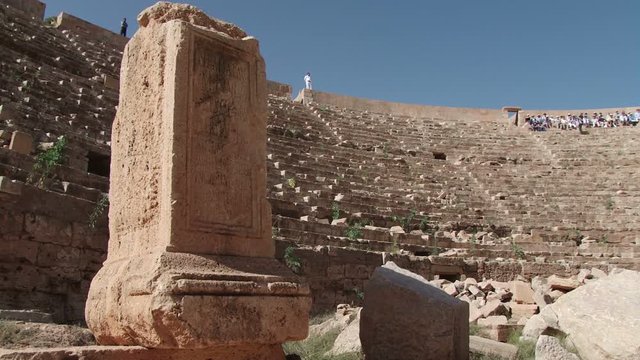 Static low shot of the amphitheatre at Leptis Magna. the extensive Roman ruins near Al Homs, Libya