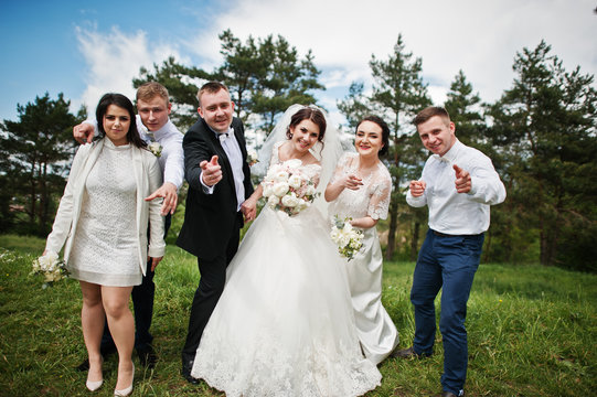 Funny and happy wedding couple with bridesmaids and best mans.