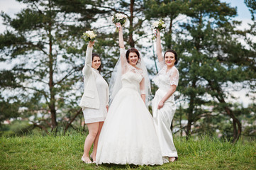 Pretty bride with bridesmaids on white dresses with bouquets on