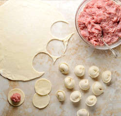preparation of meat dumplings - minced meat, rolled out the doug