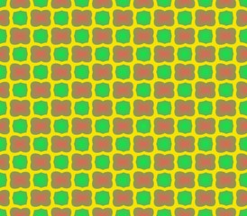 Abstract seamless yellow background of pink flowers and green squares with stroke lined in rows to form a pattern