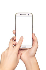 Hand holding mobile smart phone isolated on white.