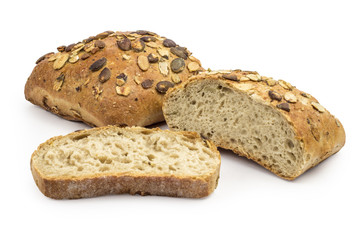 Organic bread with pumpkin seeds isolated on white background. Clipping path included in JPEG.
