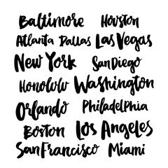 Popular Cities United States of America. Set 15 of city names, hand-drawing of black ink. Vector.
