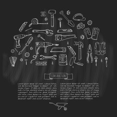Hand drawn doodle Construction tools set Vector illustration building icons House repair icons concept collection Modern sketch style labels of house remodel gear elements and symbols Home repair tool