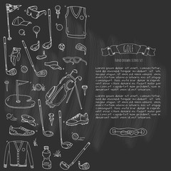 Hand drawn doodle Golf icons set. Vector illustration. Game collection. Cartoon golfing various sketch elements: clubs, tee, bag, cart, sport cloth, shoes, polo shirt, umbrella, flag, hole, grass.