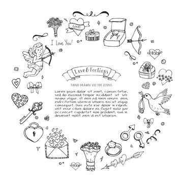 Hand drawn doodle Love and Feelings collection Vector illustration Sketchy Love icons Big set of icons for Valentine's day, Mothers day, wedding, happy and romantic events Hearts hands cupid bouquet