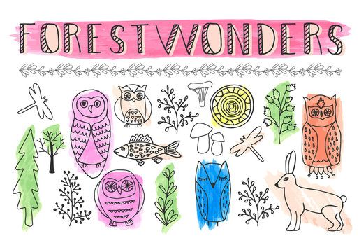 Doodle forest animals. Hand drawn owl, fish, hare, tree. Vector design elements.