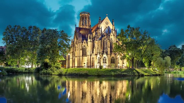 St John's Church at the evening in Stuttgart, Germany  (static image with animated sky and water)
