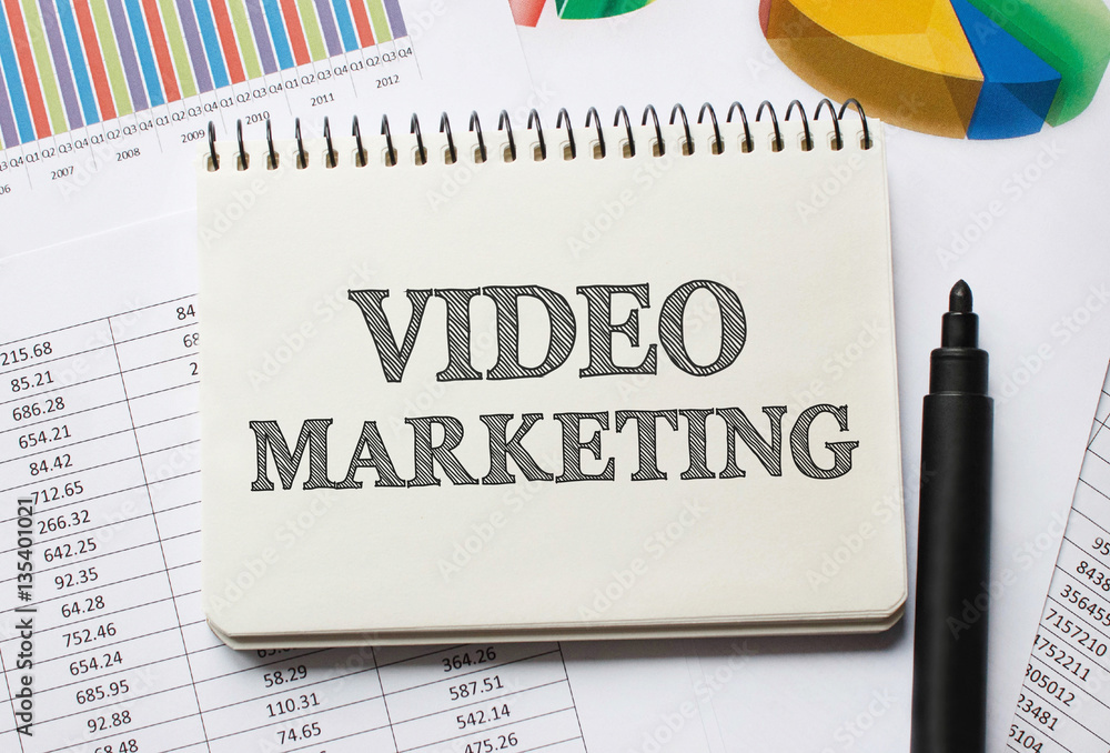 Poster notebook with tools and notes about video marketing