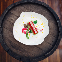 Beautiful and delicious avant-garde dish with different ingredie