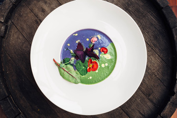 Beautiful and delicious avant-garde dish with different ingredie