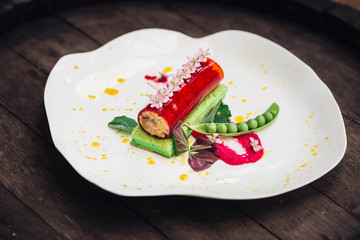 Beautiful and delicious avant-garde dish with different ingredie