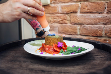 Beautiful and delicious avant-garde dish with different ingredie