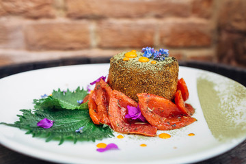 Beautiful and delicious avant-garde dish with different ingredie