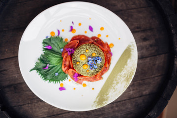 Beautiful and delicious avant-garde dish with different ingredie