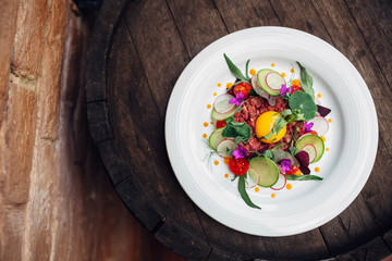 Beautiful and delicious avant-garde dish with different ingredie