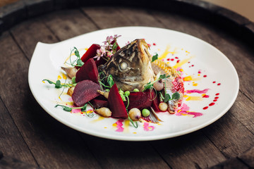 Beautiful and delicious avant-garde dish with different ingredie
