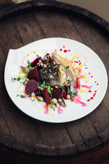 Beautiful and delicious avant-garde dish with different ingredie