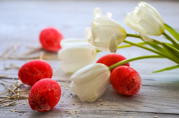 White tulips and red Easter eggs
