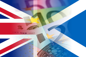 united kingdom and scotland flags with euro banknotes mixed imag