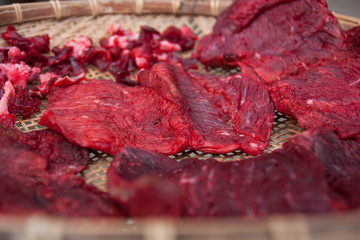 Beef drying in the sun, A step that beef can be stored for a long time,Thailand.