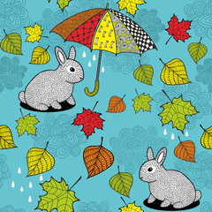 Seamless pattern with rabbit under the umbrella.