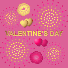 Valentines day card,banner,background with pink,golden print kiss and heart. Valentines day text.vector illustration