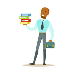 Man With Suitcase Holding Pile Of Folders, Part Of Office Workers Series Of Cartoon Characters In Official Clothing