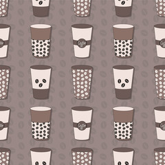 Coffee cups set. Coffee beans pattern. Design of coffee cups, seamless pattern