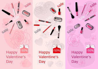 Three vertical banners for sale of cosmetics. Vector template flayer.