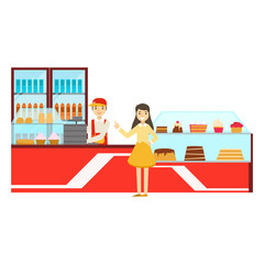 Woman Ordering At The Counter, Smiling Person Having A Dessert In Sweet Pastry Cafe Vector Illustration