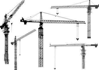 five black building cranes silhouettes on white