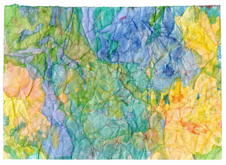 Watercolor crumpled and scratched background. Illustration with colorful doodle splashes 